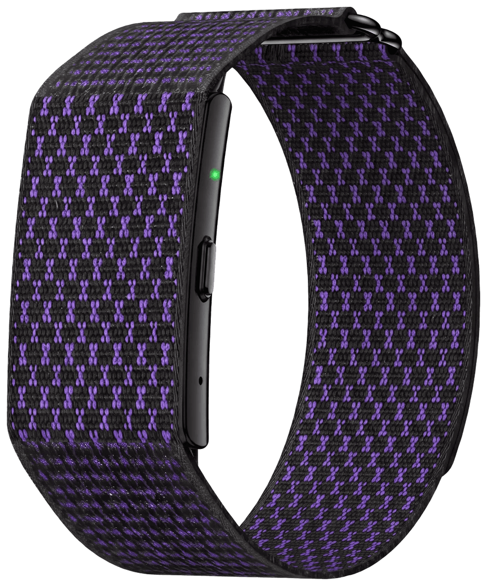 FocusLM Capture-band: een zwart module zonder scherm op een geweven zwart-violet bandje, met één knop en een opnamelampje